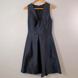 Alfred sung size 8 navy cocktail dress front pleat pockets vneck faux raw silk